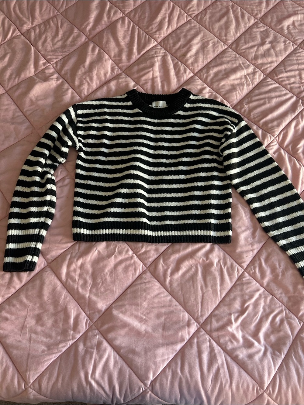 Pink Rose Black & White Striped Cropped Sweater
